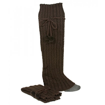 Socks/ Leg Warmers - 12 Pairs Knitted Leg Warmers w/ Drawstring Pompom - Brown - SK-F1005BN